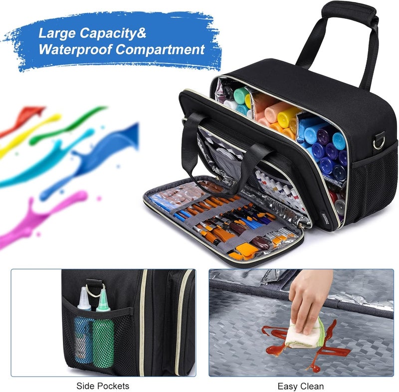 Kuosdaz Acrylic Paint Organizers Fits up to 54 Bottles 2 oz, Art Supply Storage Case with Handle Strap & Shoulder Strap, Craft Paint Bottle Storage Organizer with Brush Storage, Black - Image 3